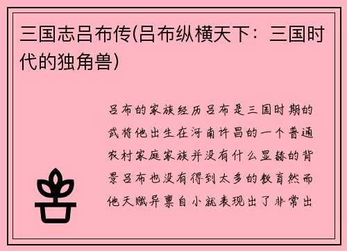 三国志吕布传(吕布纵横天下：三国时代的独角兽)